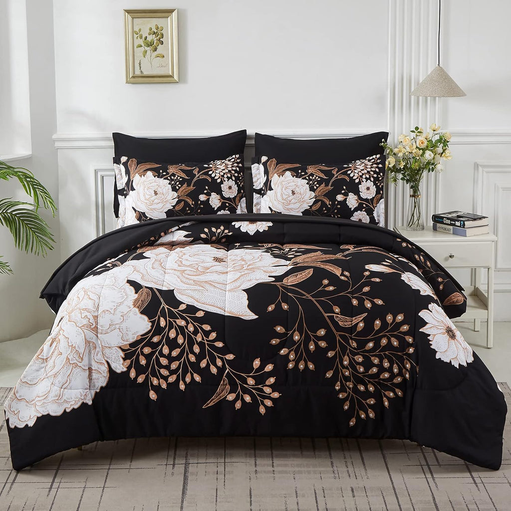 7 Piece Bed in a Bag Queen Comforter Set Botanical Floral Bedding Set,White Flowers Leaves Printed on Black