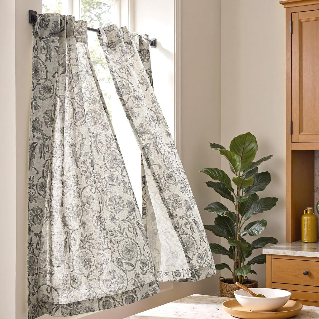 Floral Linen Kitchen Tier Curtains Butterfly 36 Inch 2 Panels Blue