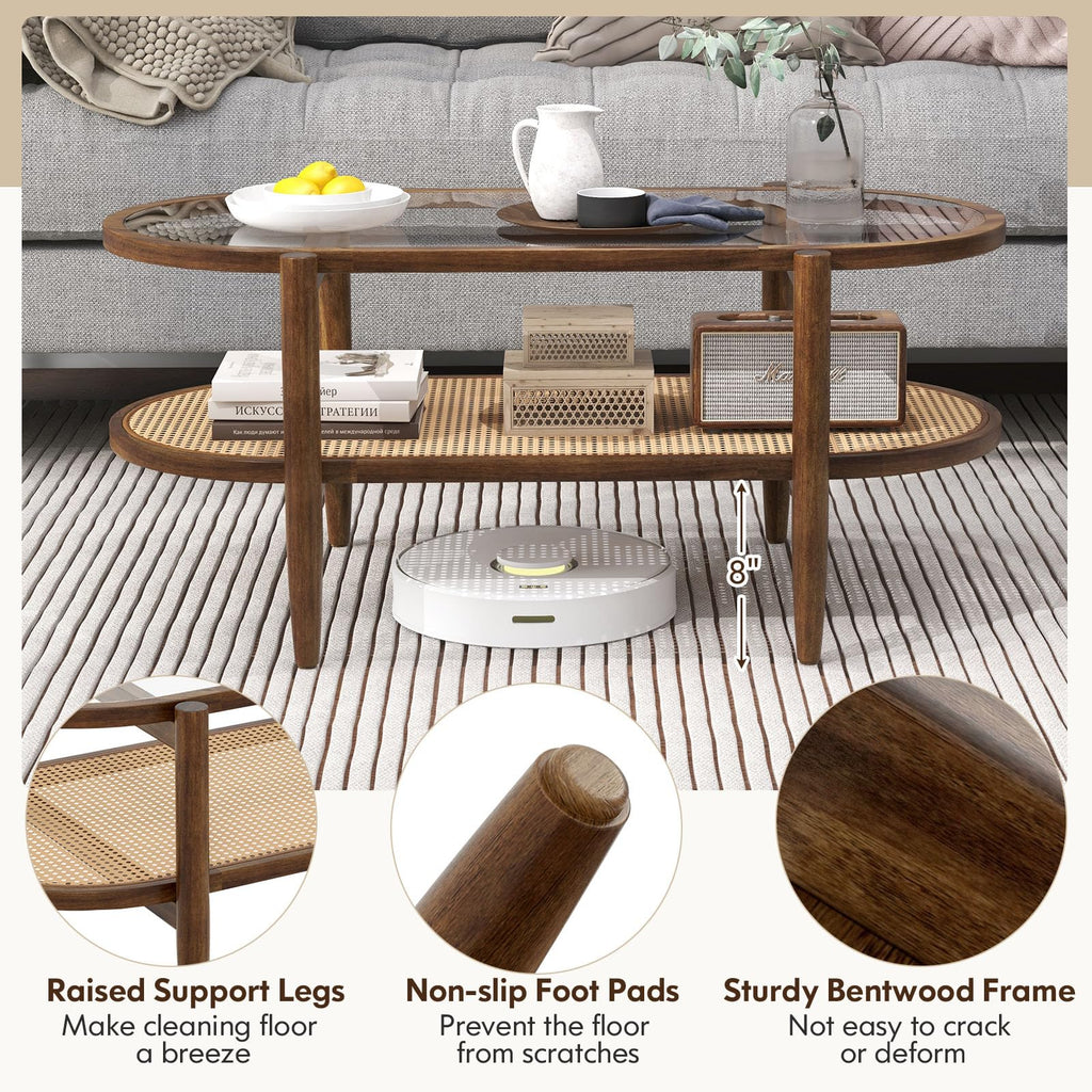 Rattan Coffee Table, 2 Tier Boho Oval Living Room Table w/Glass Tabletop Wood Frame & Storage Shelf, 40''L Mid