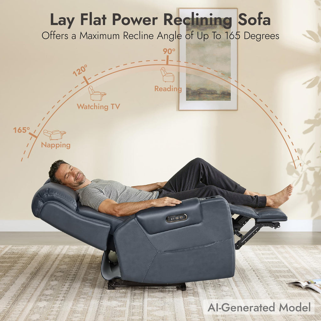 Genuine Leather Lay Flat Power Reclining Loveseat, Navy