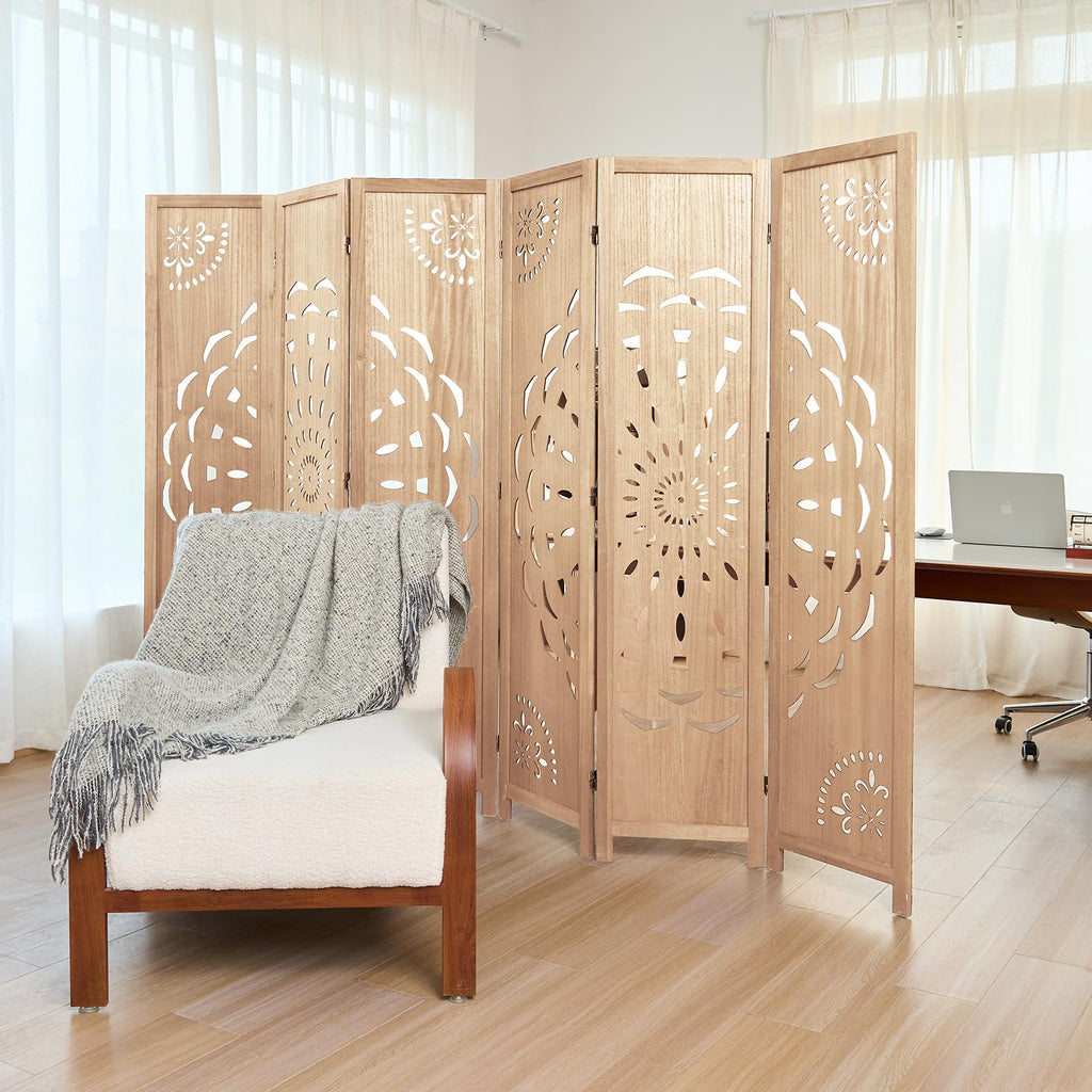 66.9Inch Wooden Room Partition - 6 Panels Boho-Styled Space Room Divider /Office, Headboard & Yoga/Photo/Video Call