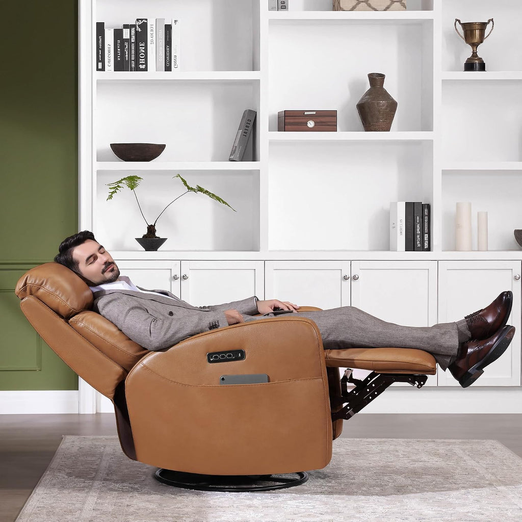 Leather Power Swivel Recliner Chair for Adults, Triple Motor Electric Rocker Recliner with Adjustable Headrest and