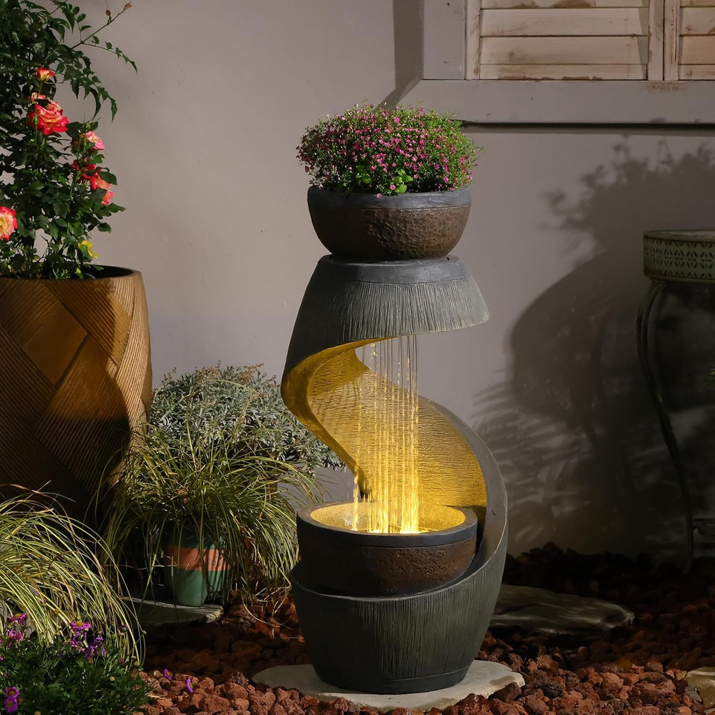 31.9" S-Shaped Water Outdoor Fountain - Modern Cascading Waterfall Feature with LED Lights & Planter Bowl