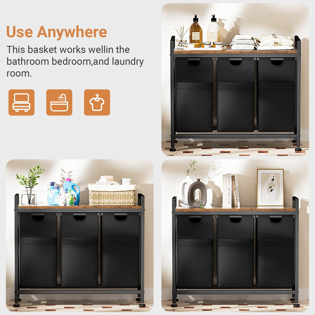 Laundry Hamper, Laundry Basket Organizer with 3 Pull-Out Removable Bags & Large Top Shelf, 3 × 12.5 Gal (142L)