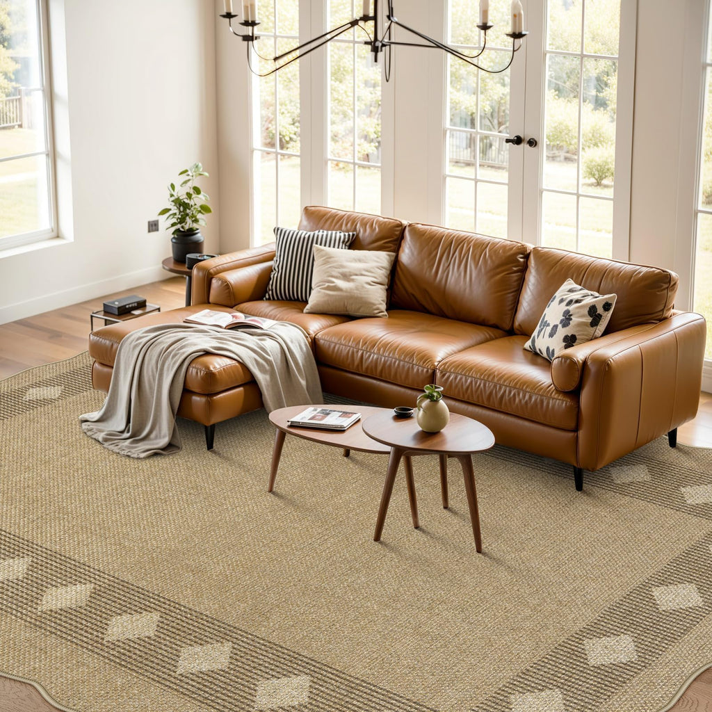 Scalloped Easy Jute Diamond Outdoor Rug Living Room, Washable 8x10 Farmhouse Tan Rug, Geometric Checkered Indoor