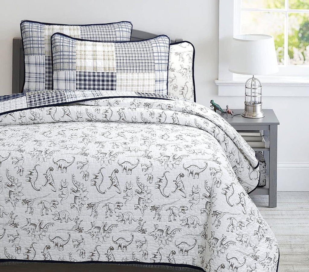 Benjamin Cute Dinosaur Plaid Navy Blue White Grey Bedding Quilt Set 100% Cotton Reversible Coverlet Bedspread Set for