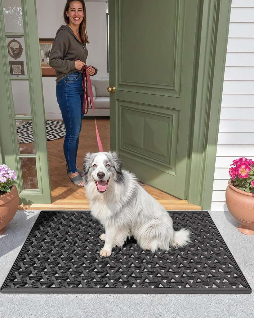 Door Mat Outside Entrance with Drainage, 32"X48" Black | Rubber Heavy Duty Dirt Trapper Waterproof Outdoor Welcome