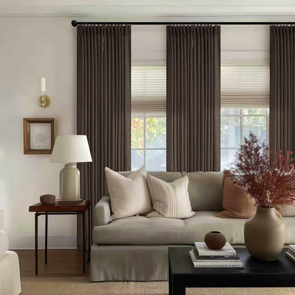 Dark Chocolate Pinch Pleated Linen Curtains 2 Panels for Living Room Bedroom Memory Training Shaped Semi Sheer Pleat