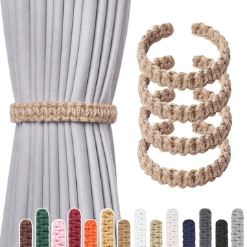 Natural Jute Rope Curtain Tiebacks Farmhouse Rustic Style Decorative Drape Tie Backs Handmade Braided Curtain - 4 Pack