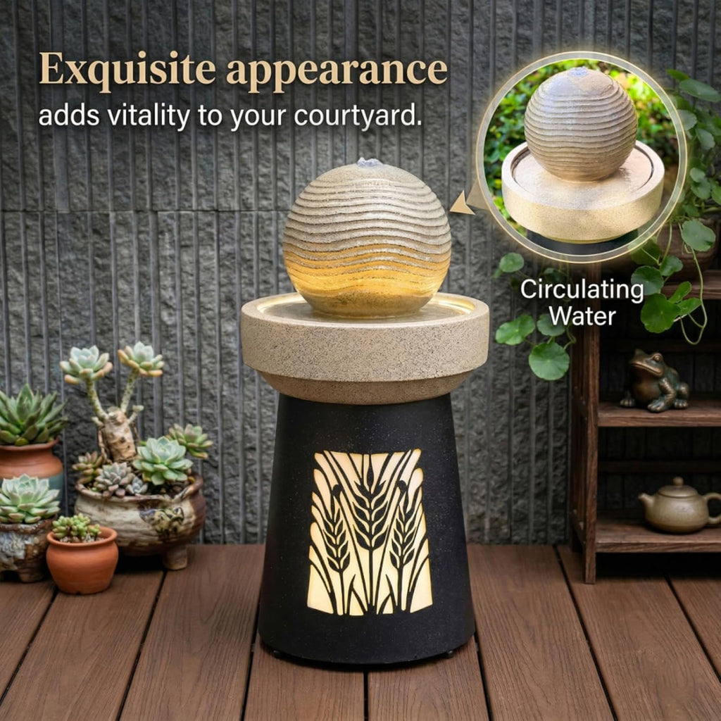 Modern Sphere Water Fountain with LED Lights and Quiet Pump, Freestanding Resin Zen Decor, Suitable , Balcony, Indoor