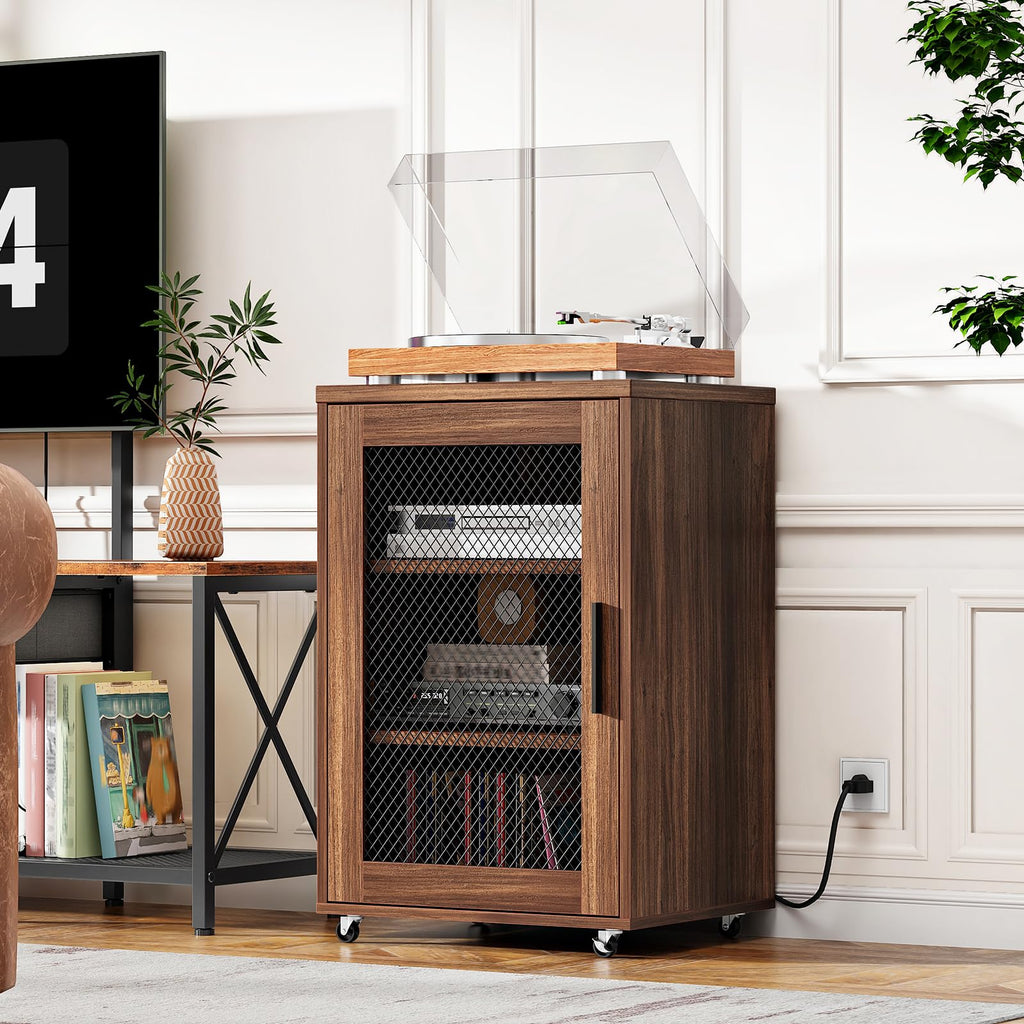 Media Cabinet with Charging Station, Stereo Cabinet with Wheels, Audio-Video Media Stand with Adjustable Shelves and