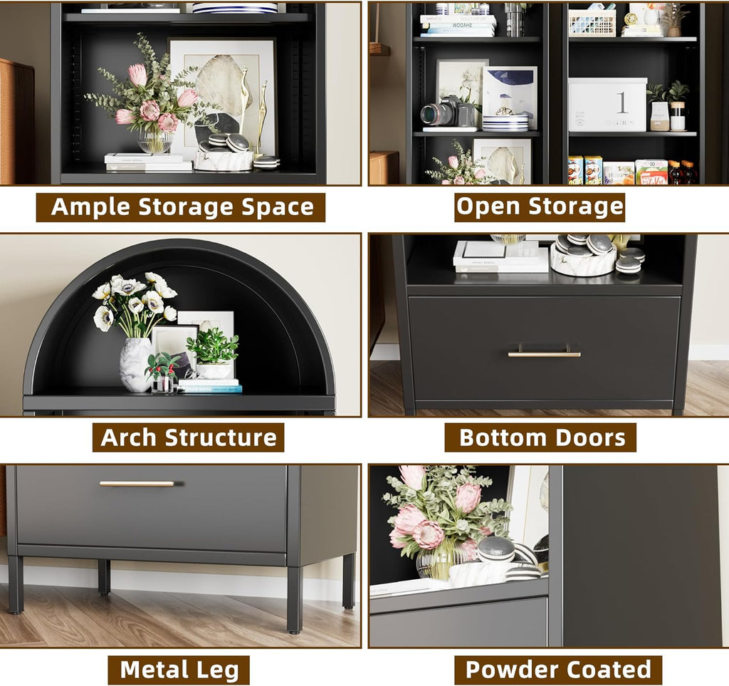 73" Tall Arched Bookcase with Drawer, Metal Arched Cabinet with 2 Adjustable Shelves, Open Display Shelf