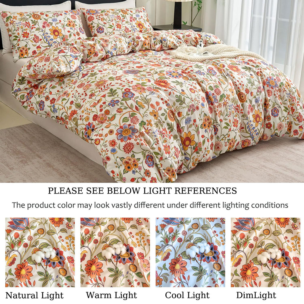 Floral Duvet Cover Set Queen Size 100% Percale Cotton Boho Comforter Cover with Zipper, Soft Breathable, 3Pcs-Not