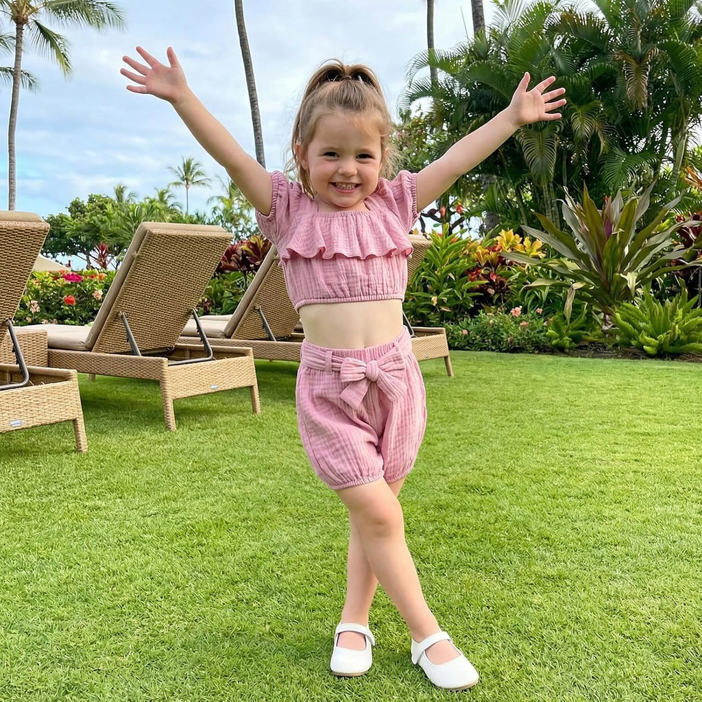 Baby Girl Summer Clothes Toddler Outfit Linen Short Sleeve Ruffle Shirt Crop Top and Belted Shorts 2 Piece Set