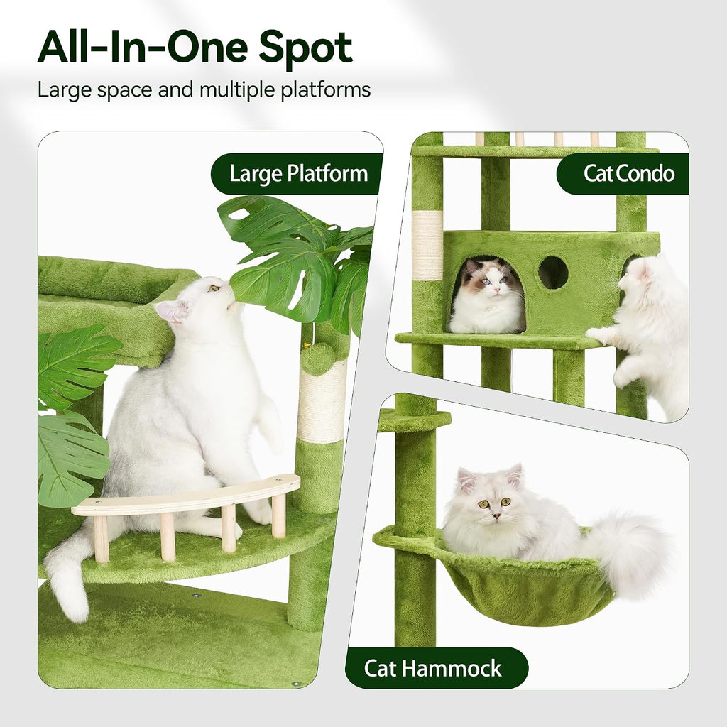 77in Tall Cat Tree for Large & Heavy Cats, 4-Level Indoor Cat Tower with Leaves, Sisal Scratching Posts, 2 Cat