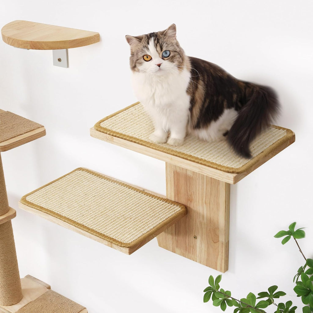 Cat Wall Shelves, 2 Platform Kitten Wall Furniture, Tree Shape Wall-Mounted Floating Shelf with Sisal Mat, Solid