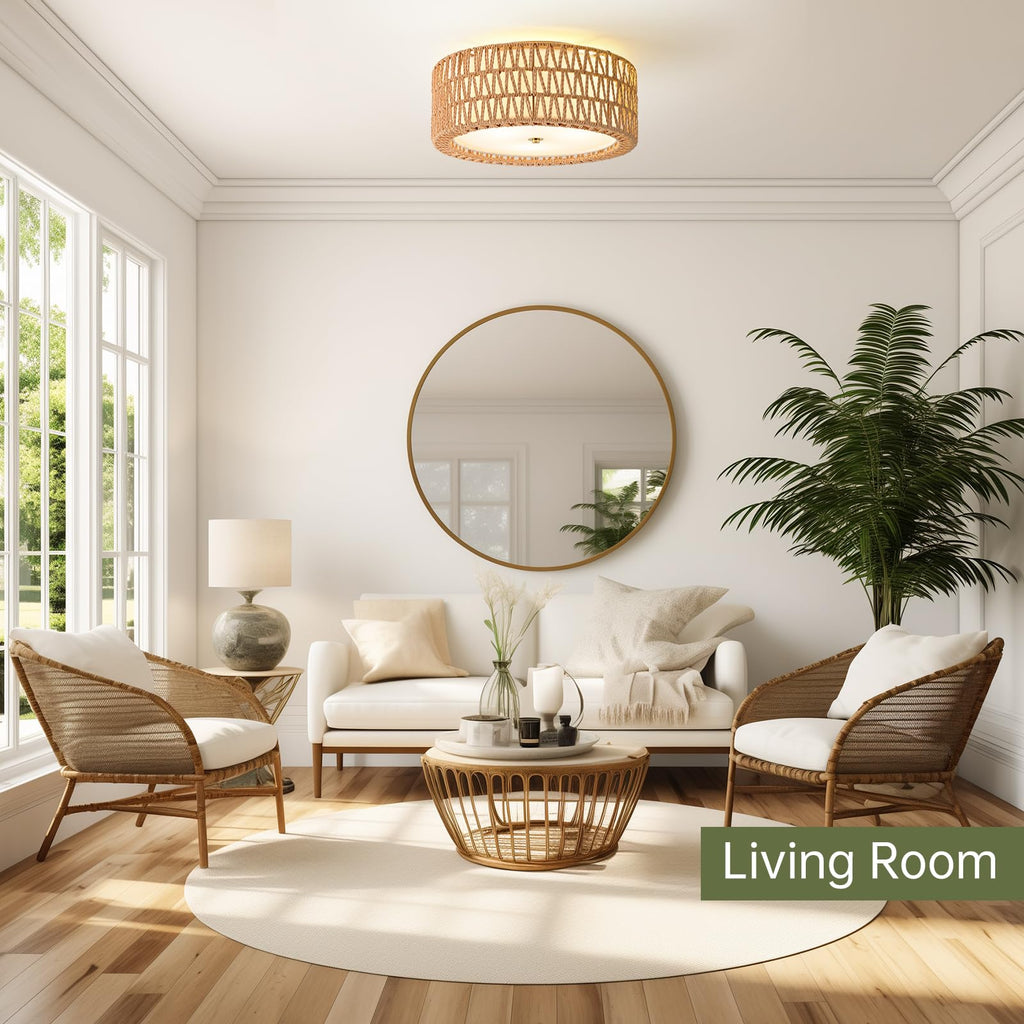 15.7" Rattan Ceiling Light, Boho Semi Flush Mount Light Fixture