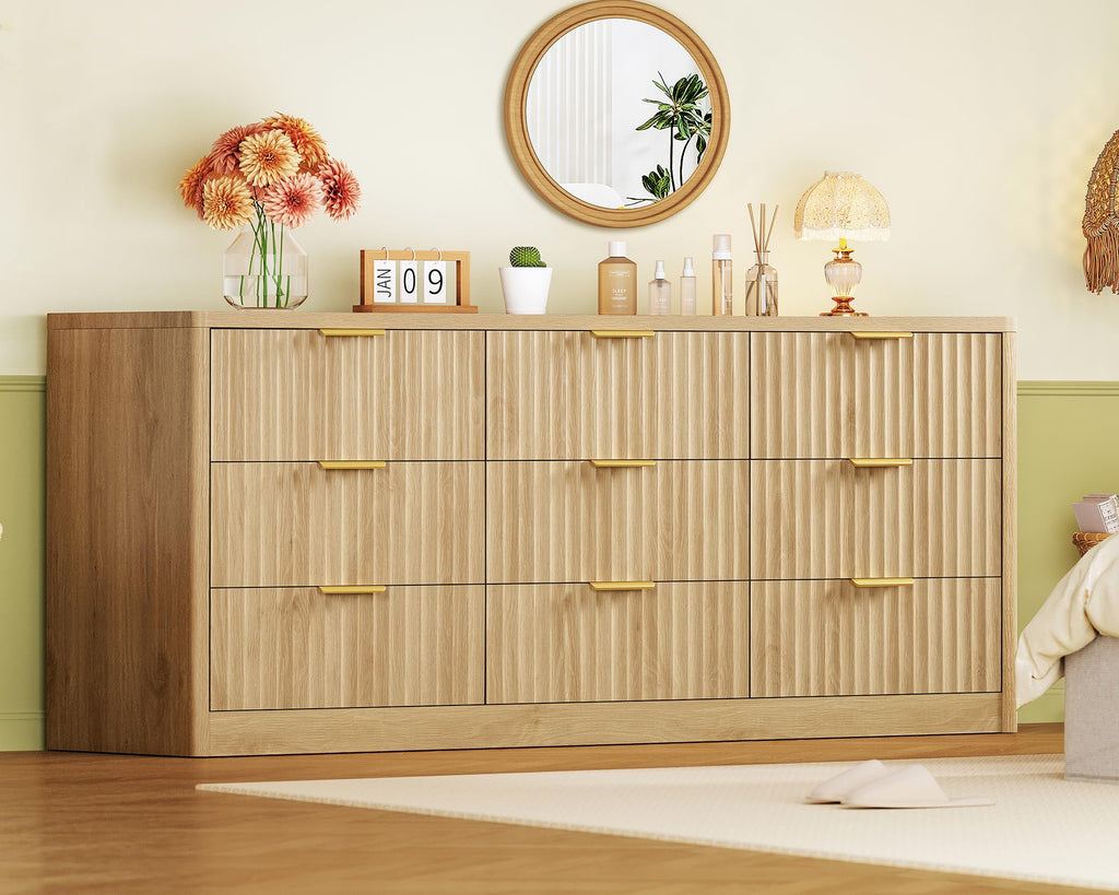 63" Dresser with 9 Drawers, Modern Dressers & Chest of Drawers with Metal Handles, Fluted Dresser, Wood Closet