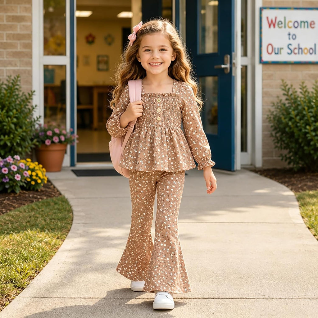 Toddler Girl Outfits Smocked Peplum Top with Kick Flare Pants