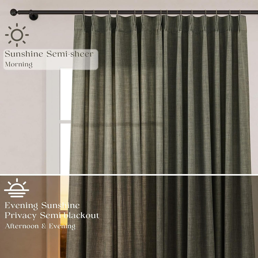 Pinch Pleated Linen Curtains 96 Inches Extra Long Olive Green Drapes, Thick Linen Light Filtering Memory Trained