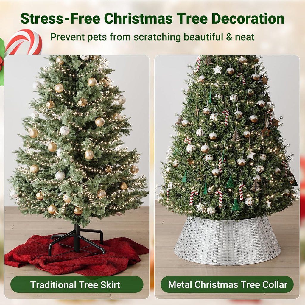 Christmas Tree Collar, 28 Inch Silver Woven Xmas Tree Skirt for 7.5 ft Trees, Stylish Rustic Basket for Tree Base