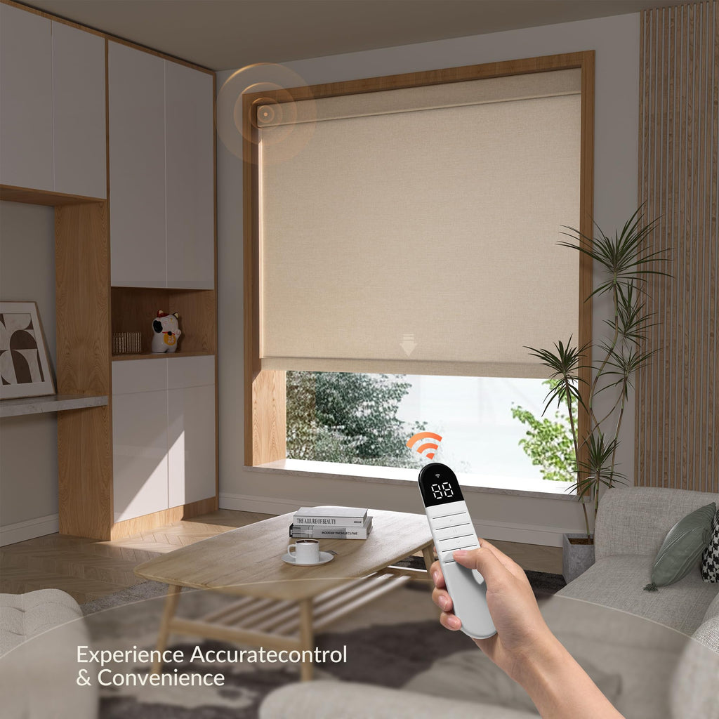 Motorized Roller Blinds with Remote Control, Light Filtering Linen Fabric Automatic Roller Shades for Windows