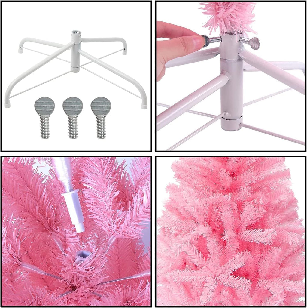 Pink Christmas Tree with Lights, 4FT Artificial Tree 300 Tips Metal Stand, Battery String Light Included Indoor Decor