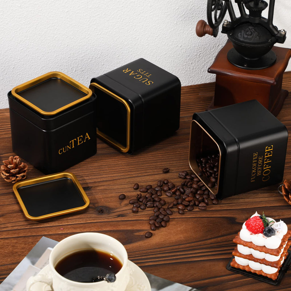 3 Piece Novelty Sugar Tea Coffee Canister Set Gifts Naughty Black Stainless Steel Containers Airtight Metal Coffee
