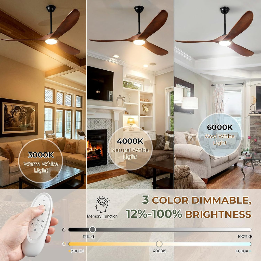 Inspired Maverick Style 52" Wood Ceiling Fan with Light and Remote, 3 Dark Walnut Blades, Reversible DC Motor, Indoor/Outdoor - Matte Black