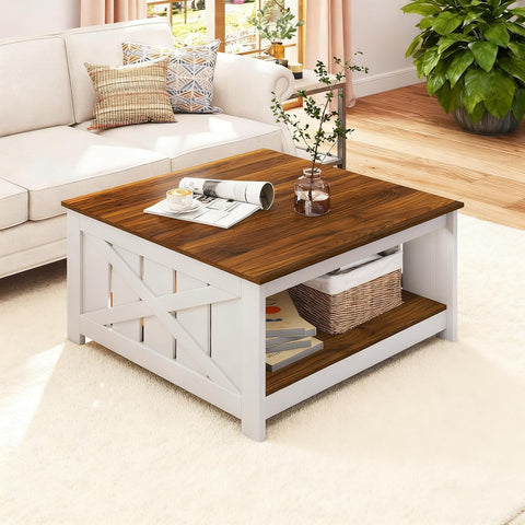 Farmhouse Coffee Table, 31 Inch Square Wood Coffee Table with Storage Shelf