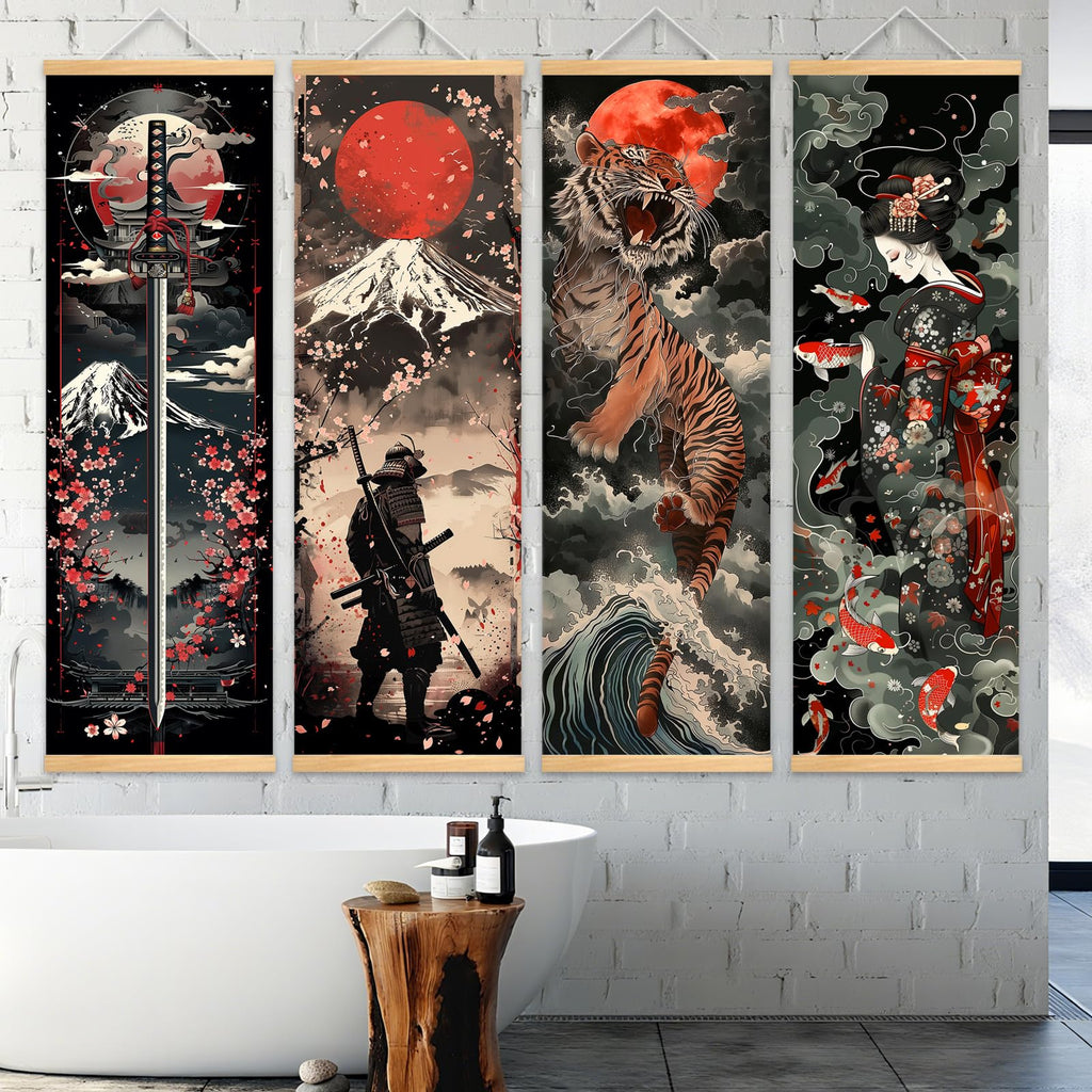 4PC Japanese Samurai Scrolls Canvas Wall Art Poster 11.81x35.43in
