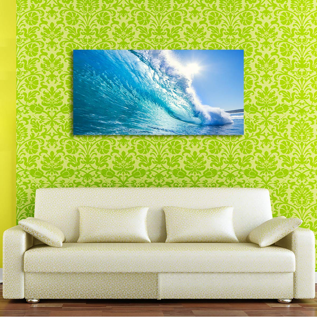 Framed Ocean Wave Wall Art, 48x24 Inch Large Horizontal Turquoise Sea Canvas Prints, Coastal Beach Nautical Wall