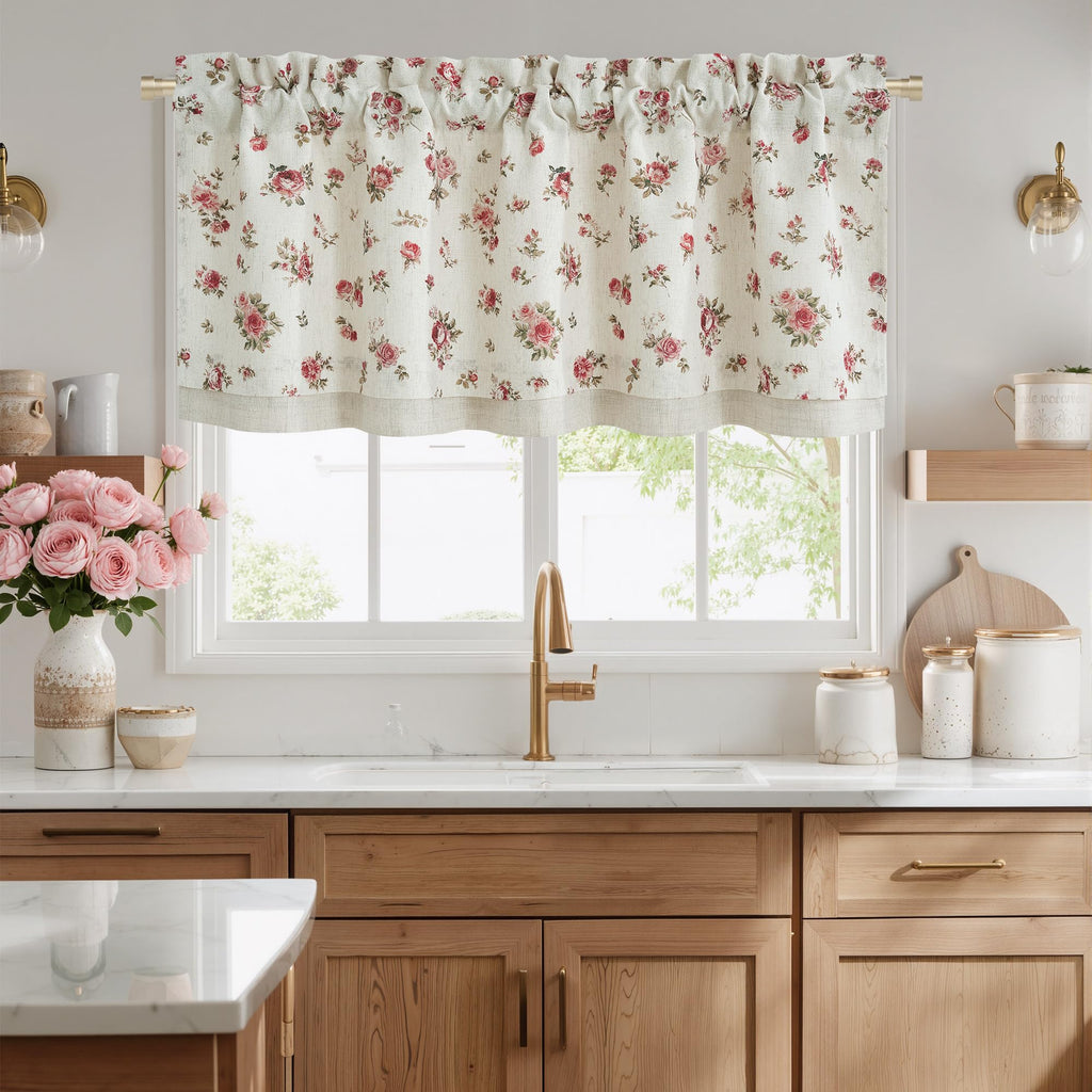Vintage Pink Rose Floral Valance for Windows, Double-Layer Linen Valance with Shabby Chic Floral Pattern, Decorative