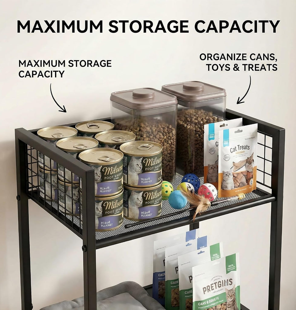 Cat Feeding Station Furniture with Scratching Post, 3-Tier Cat Food Organizer & Storage, Raised Feeding Stand with 2