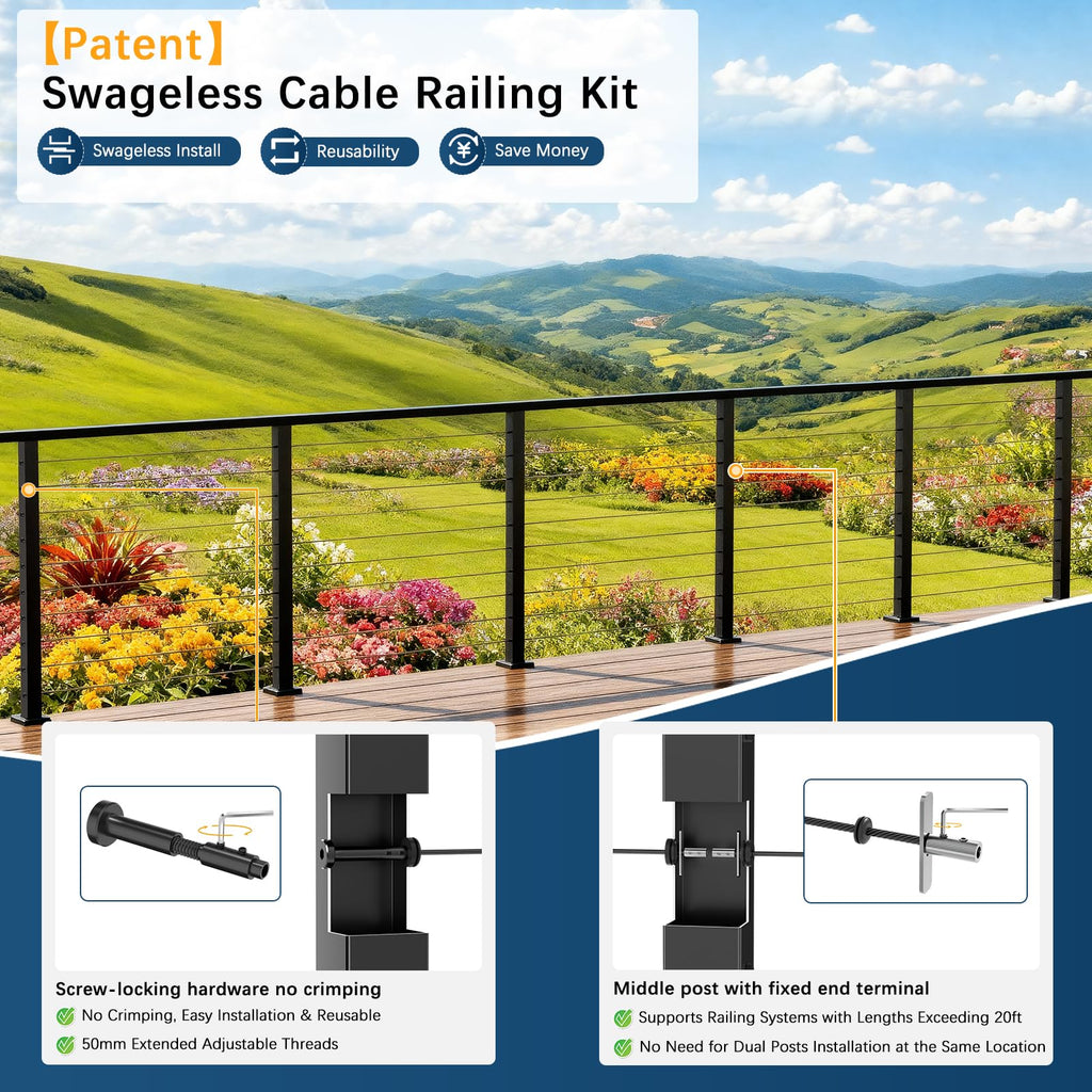 3 Pack Swageless One-Stop Cable Railing Post Kits 42", Stainless Steel T304 Deck Railing System with Swageless