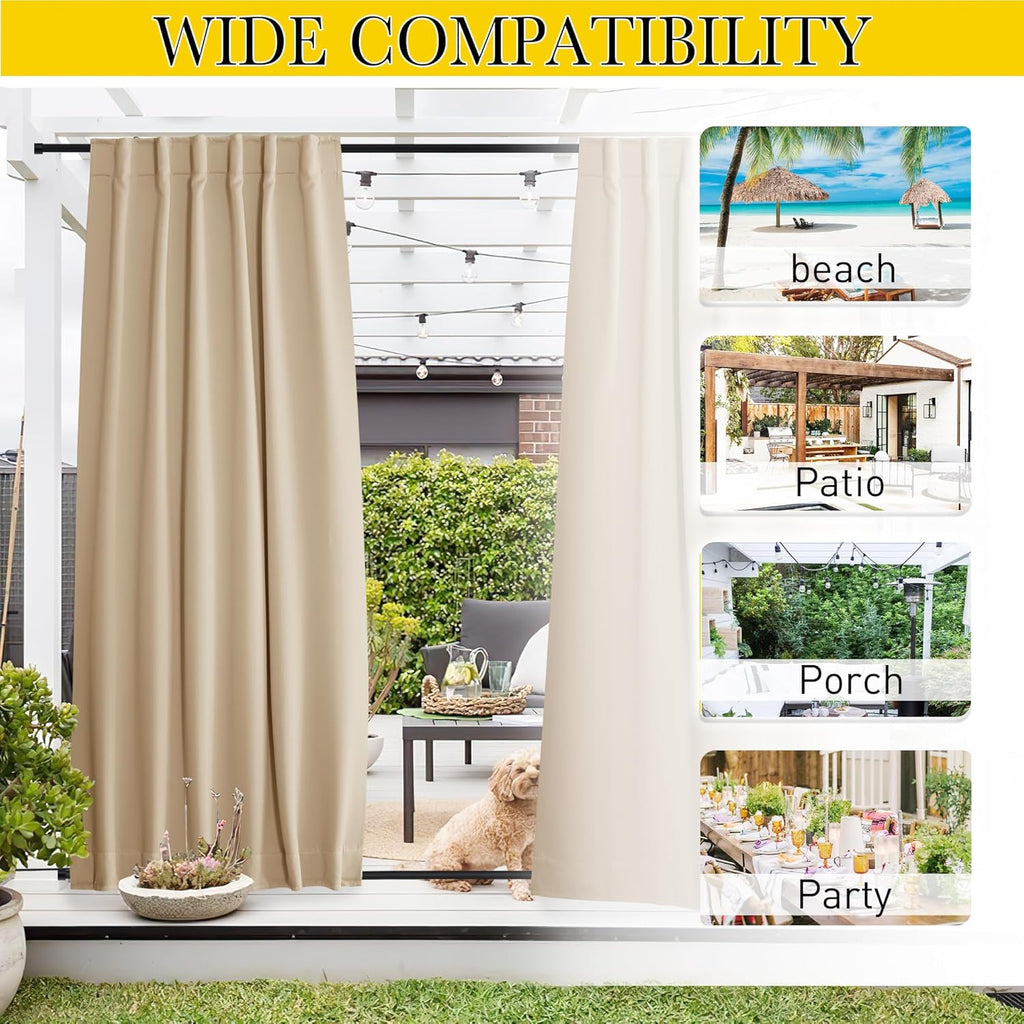 2 Panels Outdoor Curtains Waterproof Windproof W52 x L84 | Top & Bottom Fixed Weatherproof Gazebo Drapes with Free