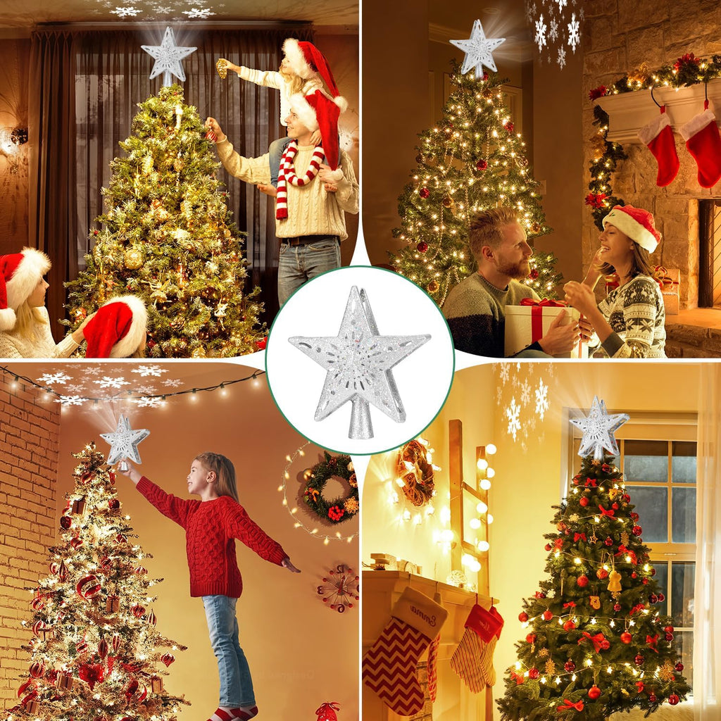 Christmas Tree Topper Lighted with 6 Projection Modes, Christmas Star Tree Topper Built-in LED Rotating Lights