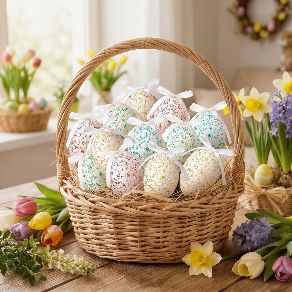 Easter Eggs Hanging Colorful Ornament, Toile de Jouy Style - Set of 24