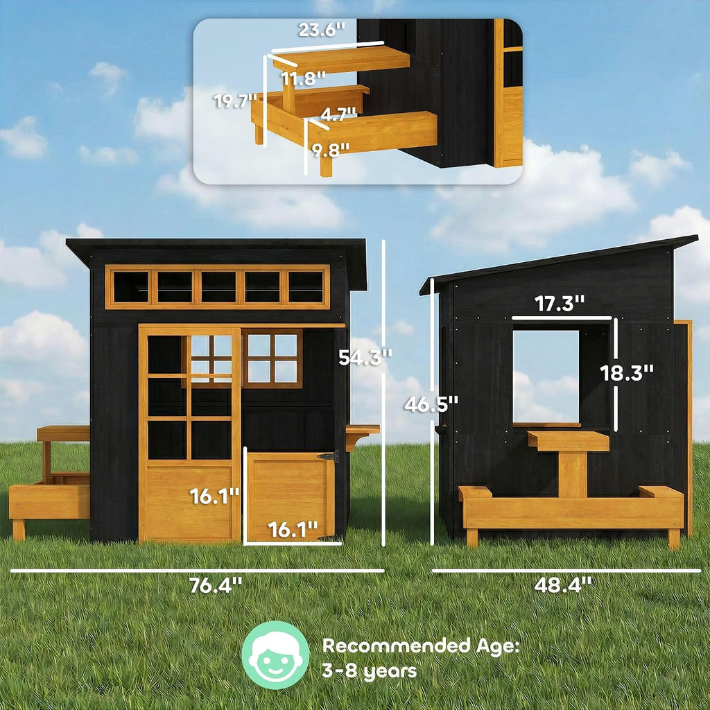 Fir Wood Outdoor Playhouse for 3-8: Chalkboard Walls, Built-in Picnic Table & Benches, 110lb Capacity