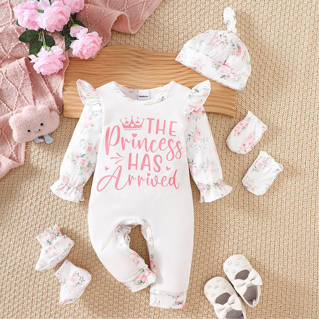 Newborn Baby Girl Outfits Infant Romper Coming Home Ruffled Jumpsuit with Hat Mittens+Booties