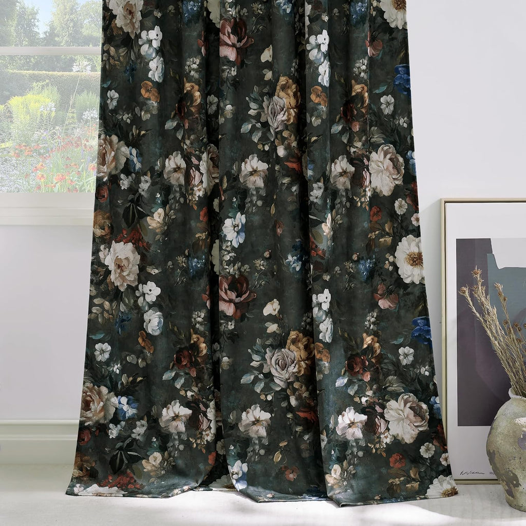 Green Velvet Curtains 102 inches Long, Printed Floral Vintage Design Home Decoration Super Soft Light Filtering