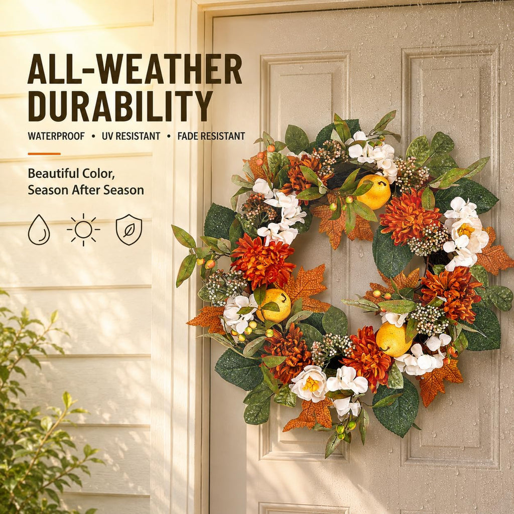 26" Fall Wreath for Front Door, Artificial Large Harvest Fall Wreath | with Pear, Orange Maple Leaf, Dahlia and White