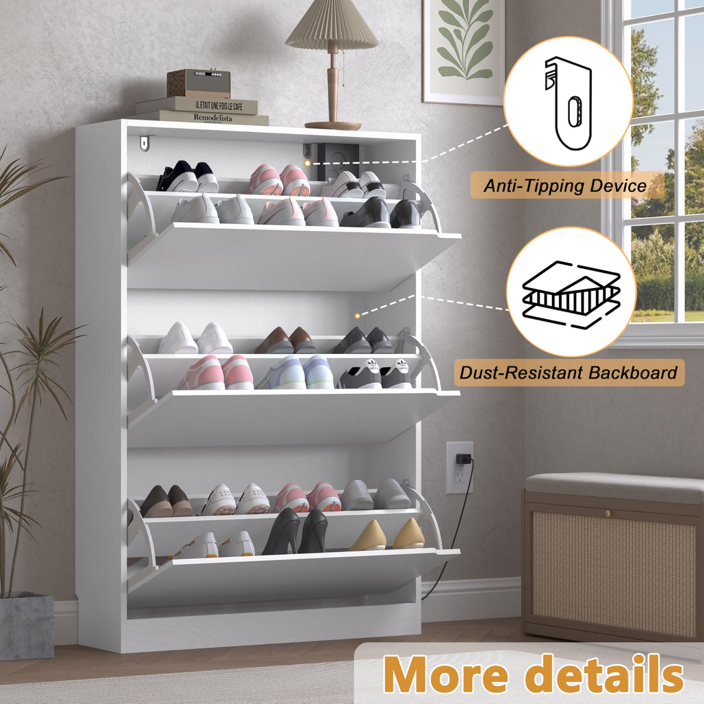 Shoe Cabinet with Odor Control and Back Panels, Deodorizing Slim 3-Flip Shoe Storage Cabinet, Freestanding Hidden