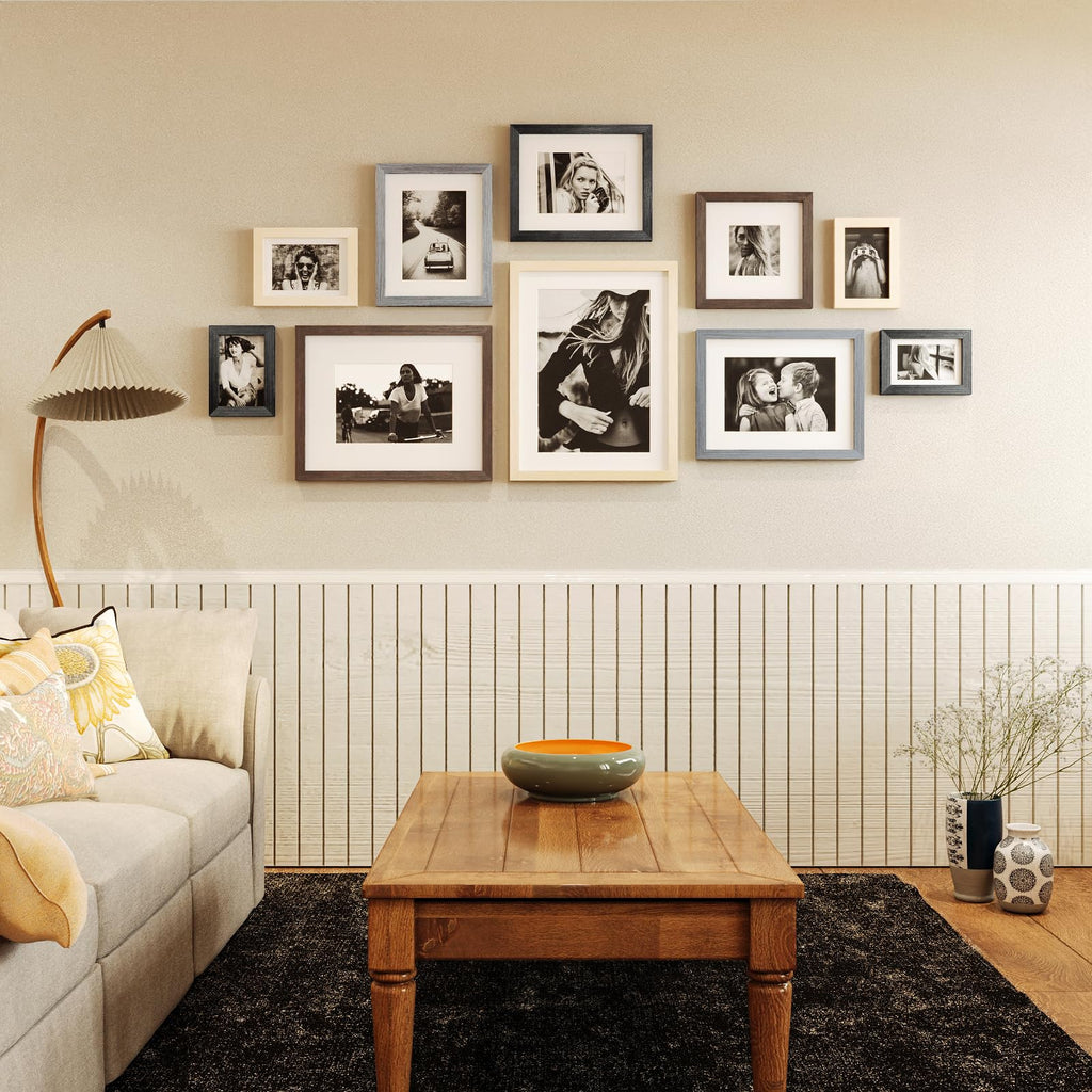 12x16 Picture Frame Set of 4, Made of Solid Wood Multicolor Photo Frame Covered by Plexiglass 9x12 and 11x14 with Mat