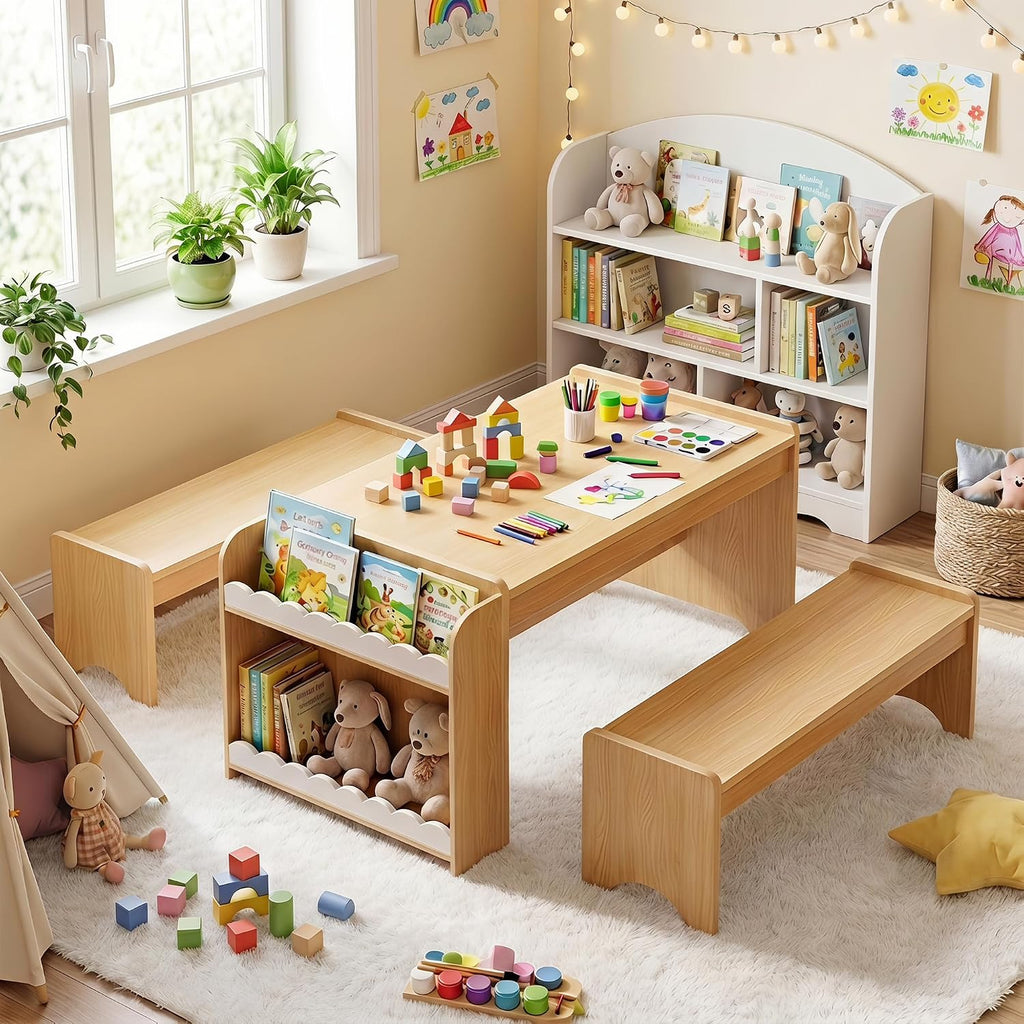 Kids Table and Bench Set, Montessori Kids Table and Chair Set, Indoor Wooden Toddler Activity Table with Bookshelves