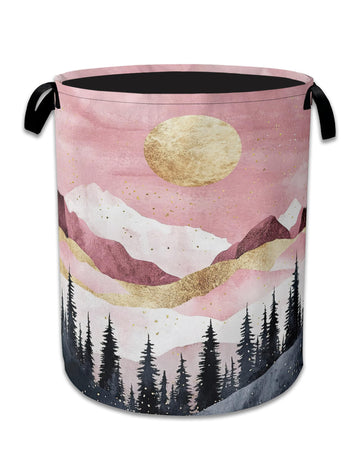 Mountains Laundry Basket,Foldable Oxford Cloth Sun Forest Golden Pink Laundry Hamper with Handles, 20.8"x16" Tote Bag