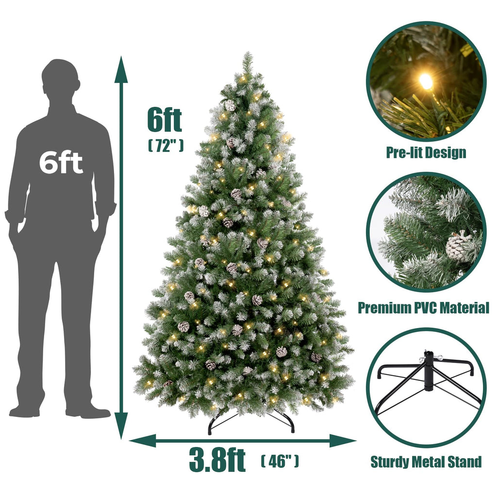 6ft Pre-Lit Pre-Decorated Pine Hinged Artificial Full Spruce Christmas Tree w/ 970 Flocked Branch Tips, 60 Pine
