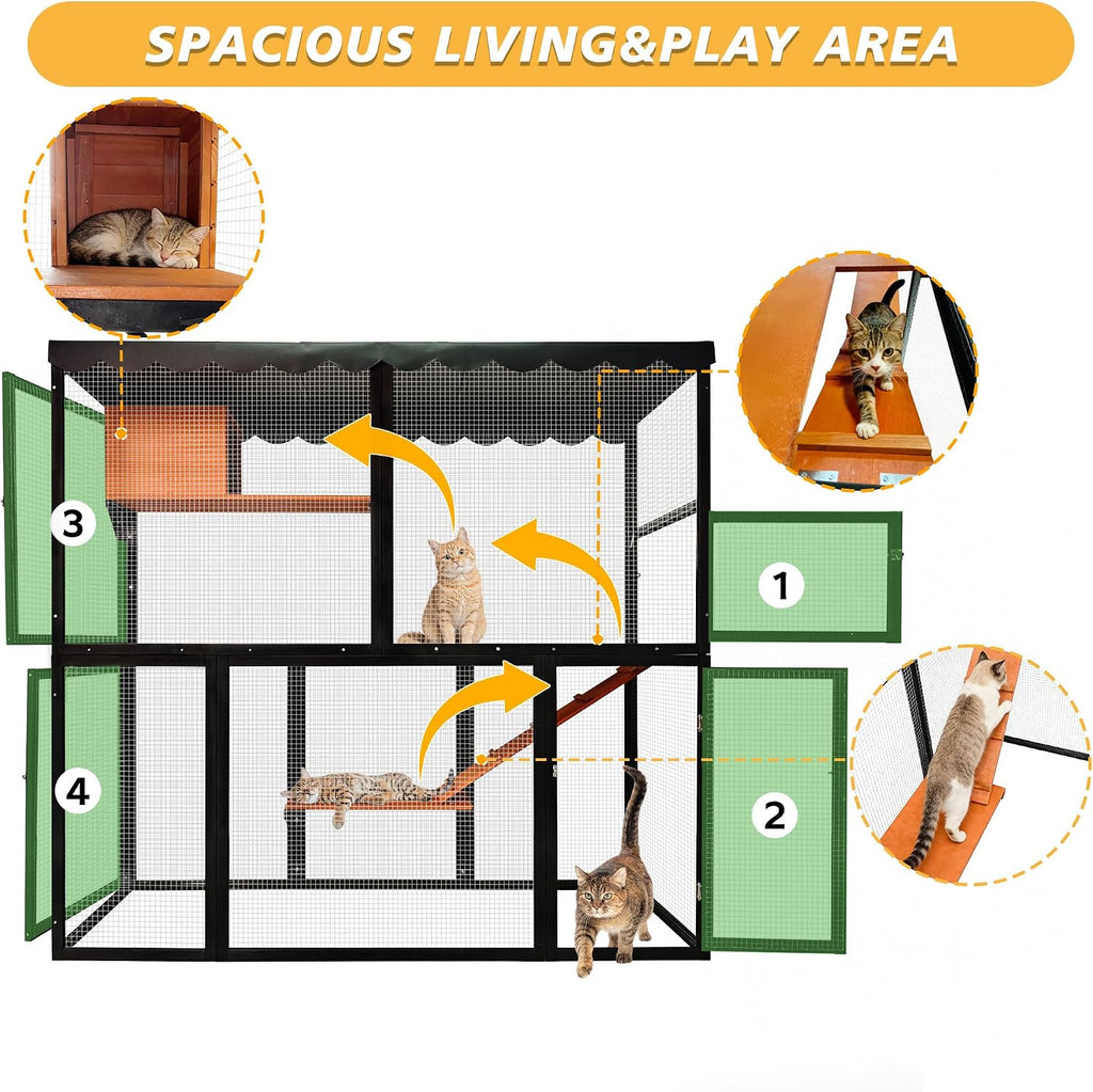 Wooden Outdoor Cat Enclosure, 4-Tier Large Cat House, Multi-Cat Catio with Waterproof Roof, Ramp, and Multiple Access