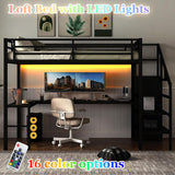 Full Metal Loft Bed with L Shaped Desk and Wardrobe, Heavy Duty Loft Bed Frame with Storage Stairs