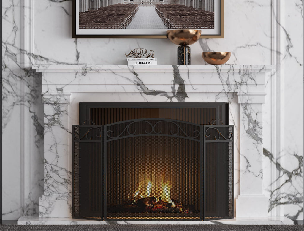 3 Panel Wrought Iron Fireplace Screen, Black Spark Guard